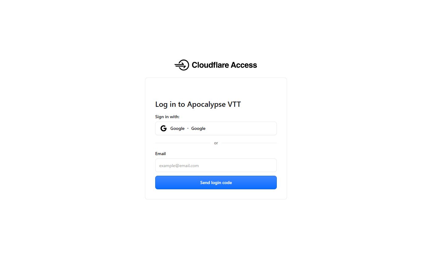 The sign-in page: Google, or an email box and Send login code