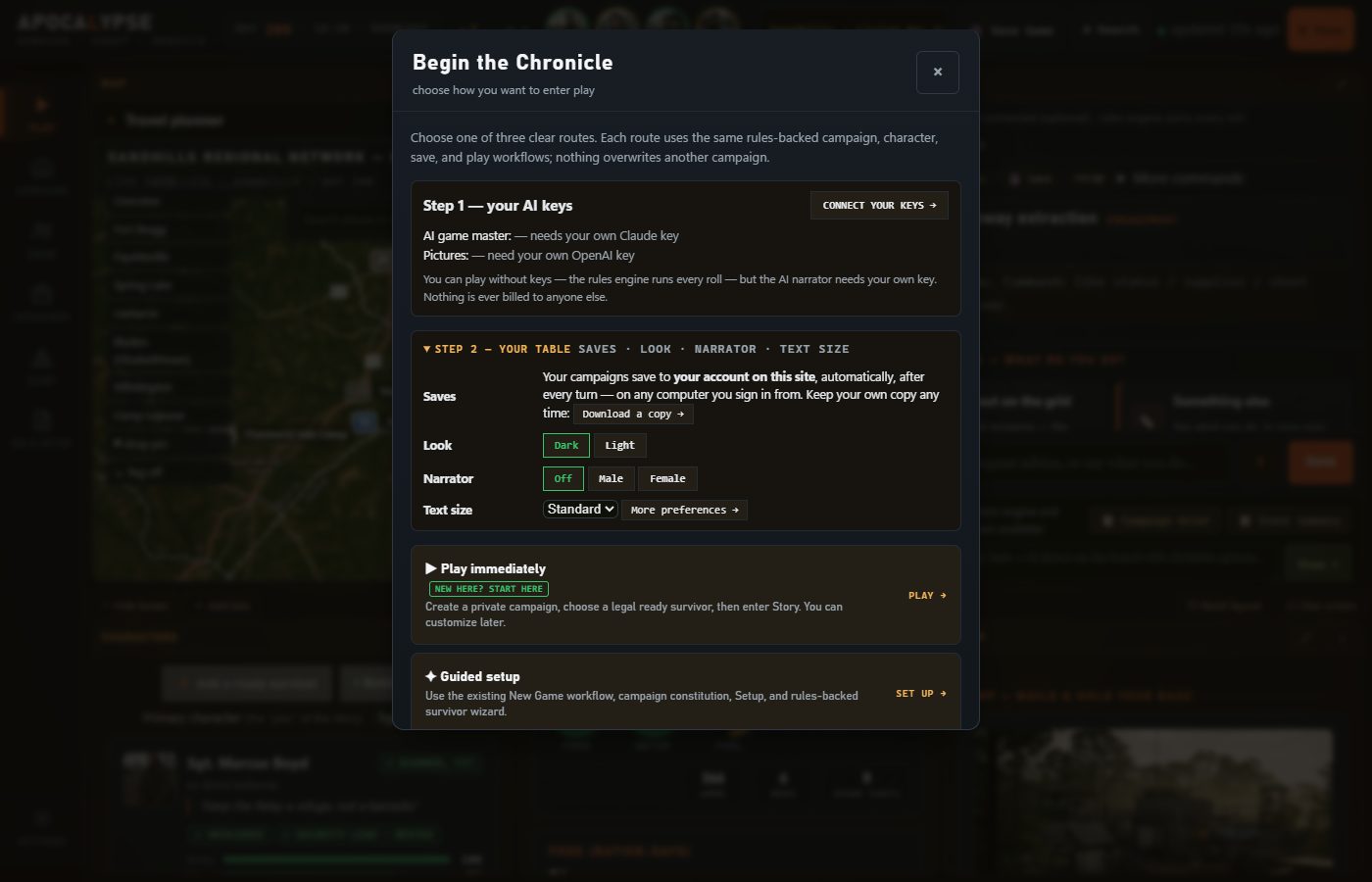 Begin the Chronicle: Step 1 your AI keys, then Play immediately, Guided setup, Explore the sample