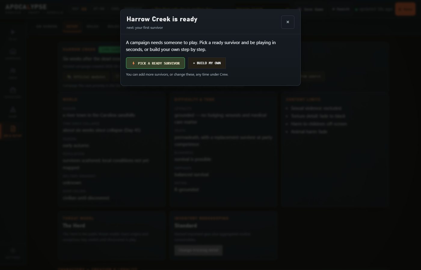 Harrow Creek is ready: pick a ready survivor or build my own