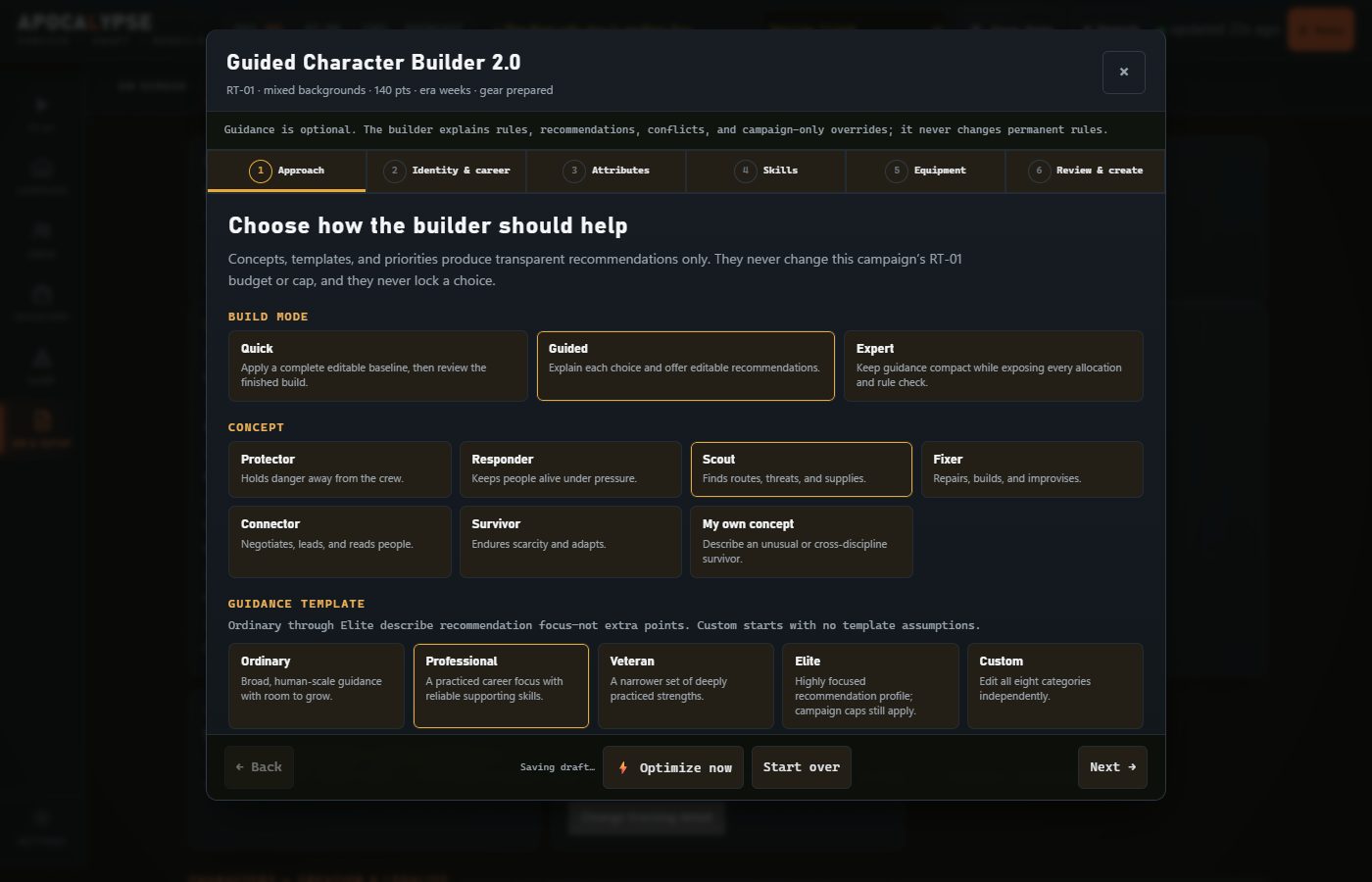 Step 1 Approach: build mode, concept and template