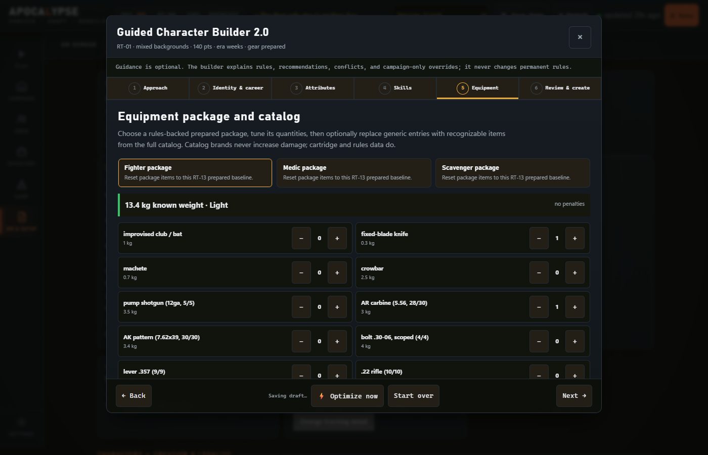 Step 5 Equipment with a package chosen