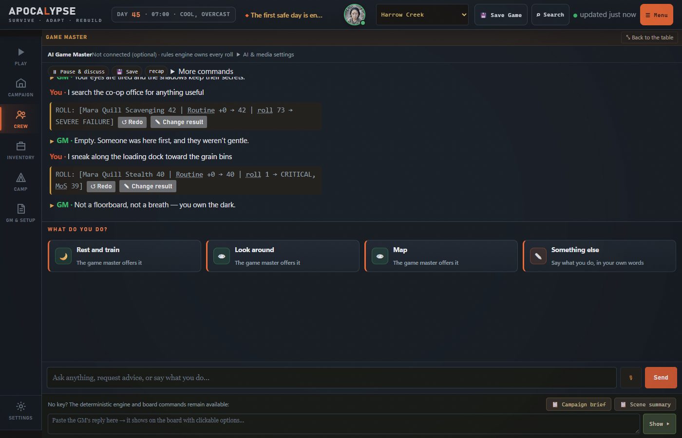 The story: three actions, each with its roll line and result