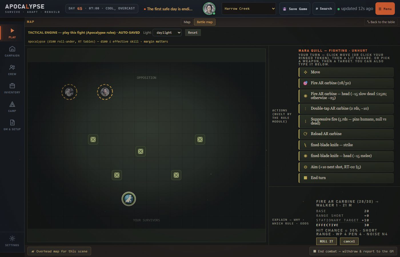 An attack lined up: the breakdown of base skill, range and target, hit chance, and ROLL IT