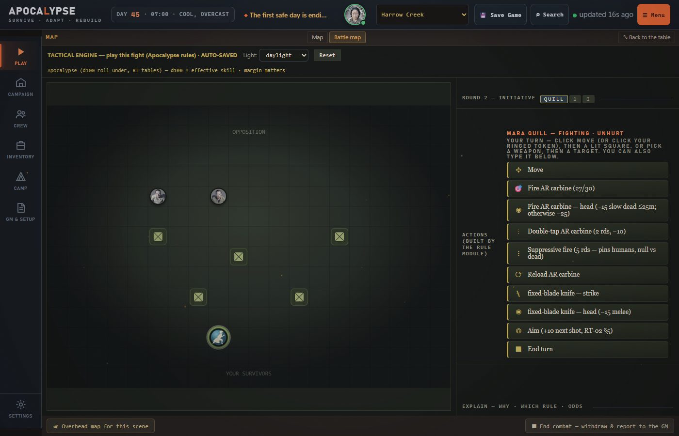The result of the shot in the combat log, and the walkers moving