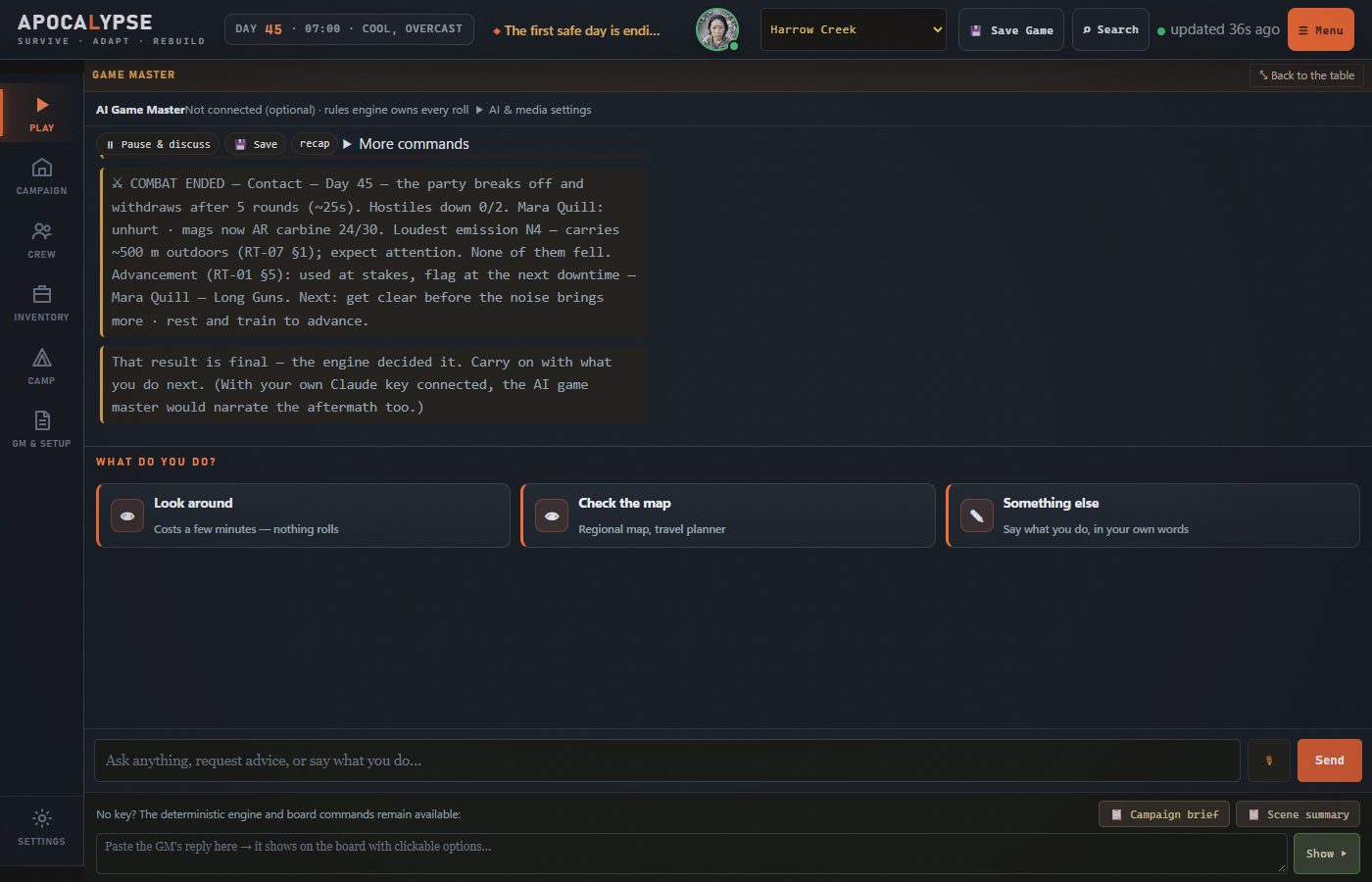 The combat report in the story: rounds, hostiles down, wounds, ammunition, noise